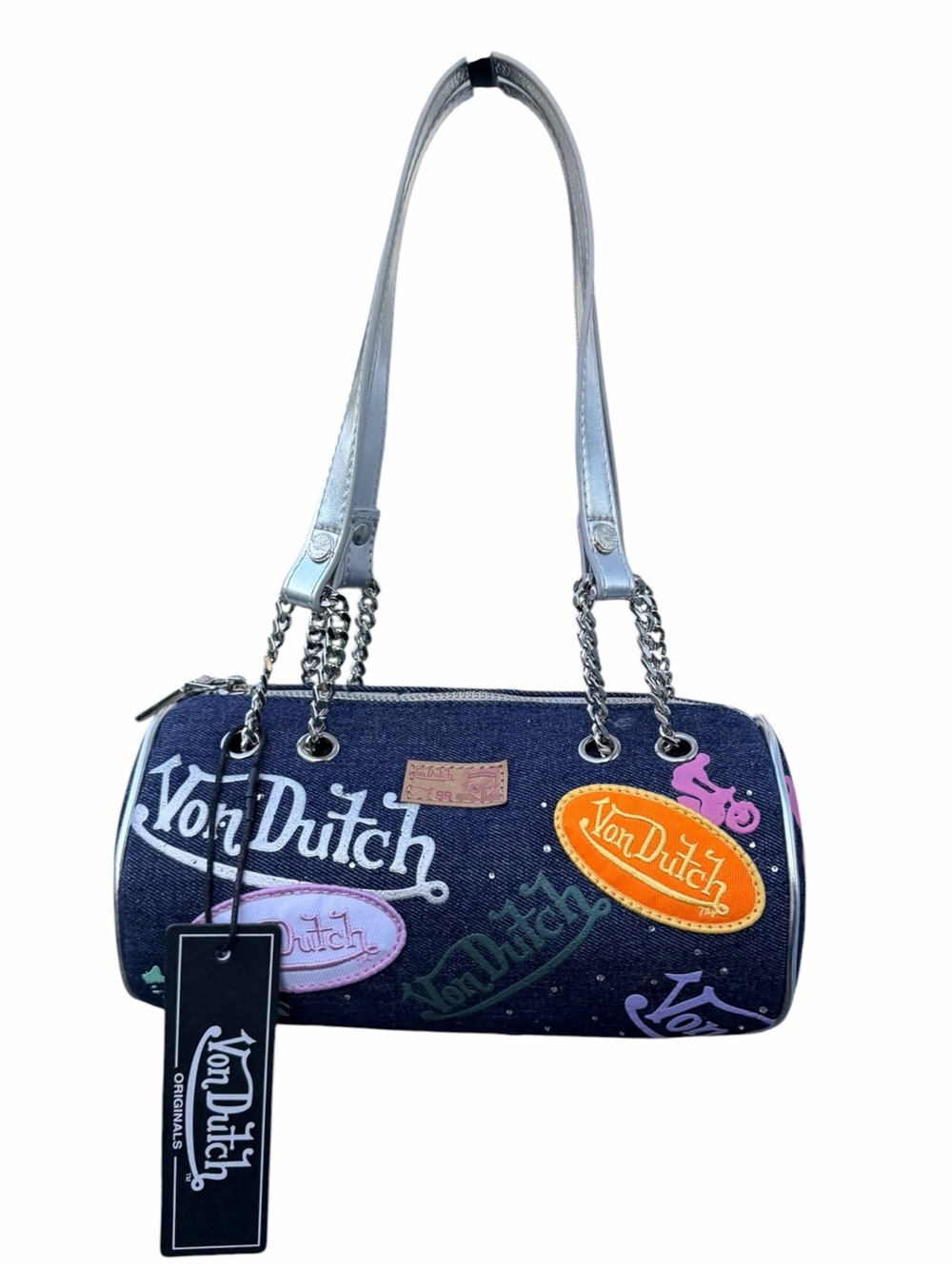 Von Dutch y2k Denim & Rhinestone Barrel Bag - Picture 2 of 6